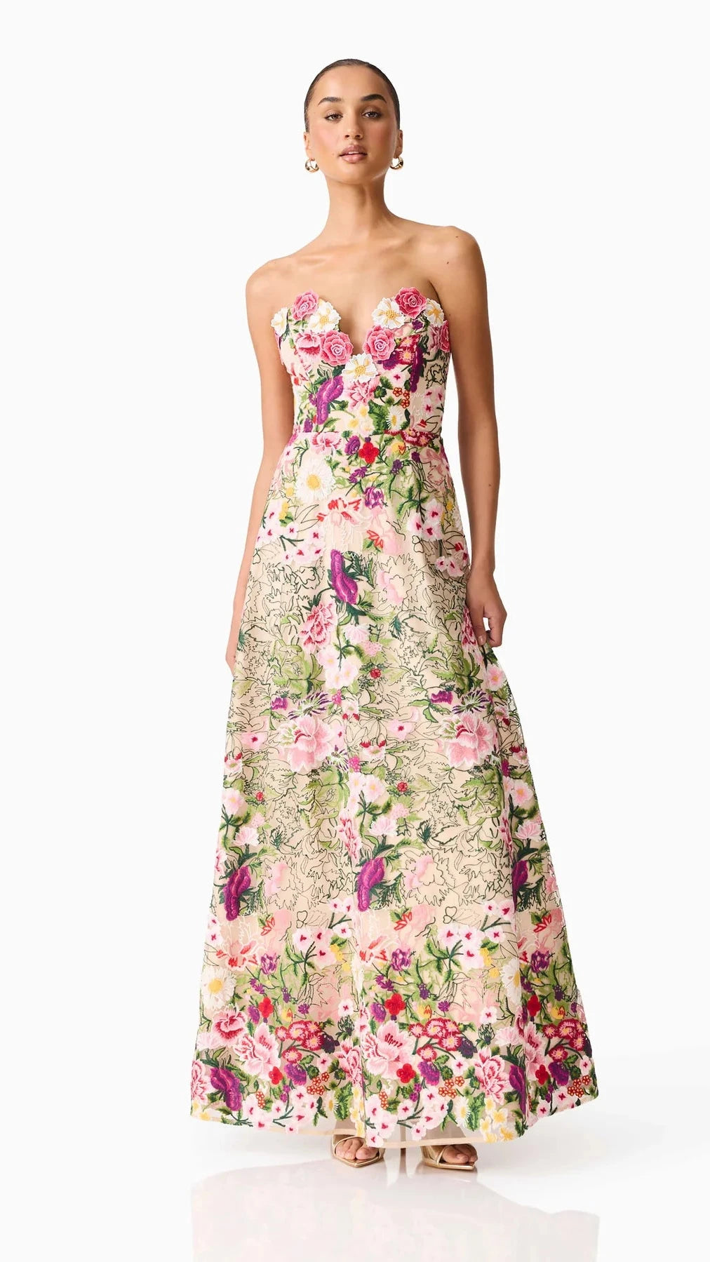 Elliatt Flora 3D Strapless Gown in Pink & Green Floral