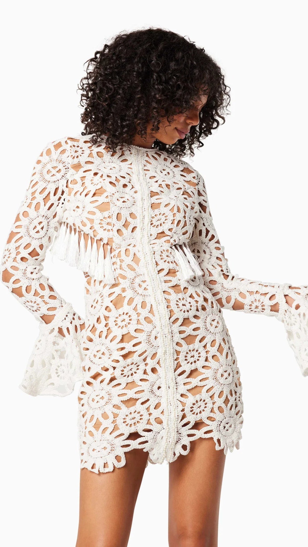 Elliatt Live Long Sleeve Cutout Lace Mini Dress in Ivory