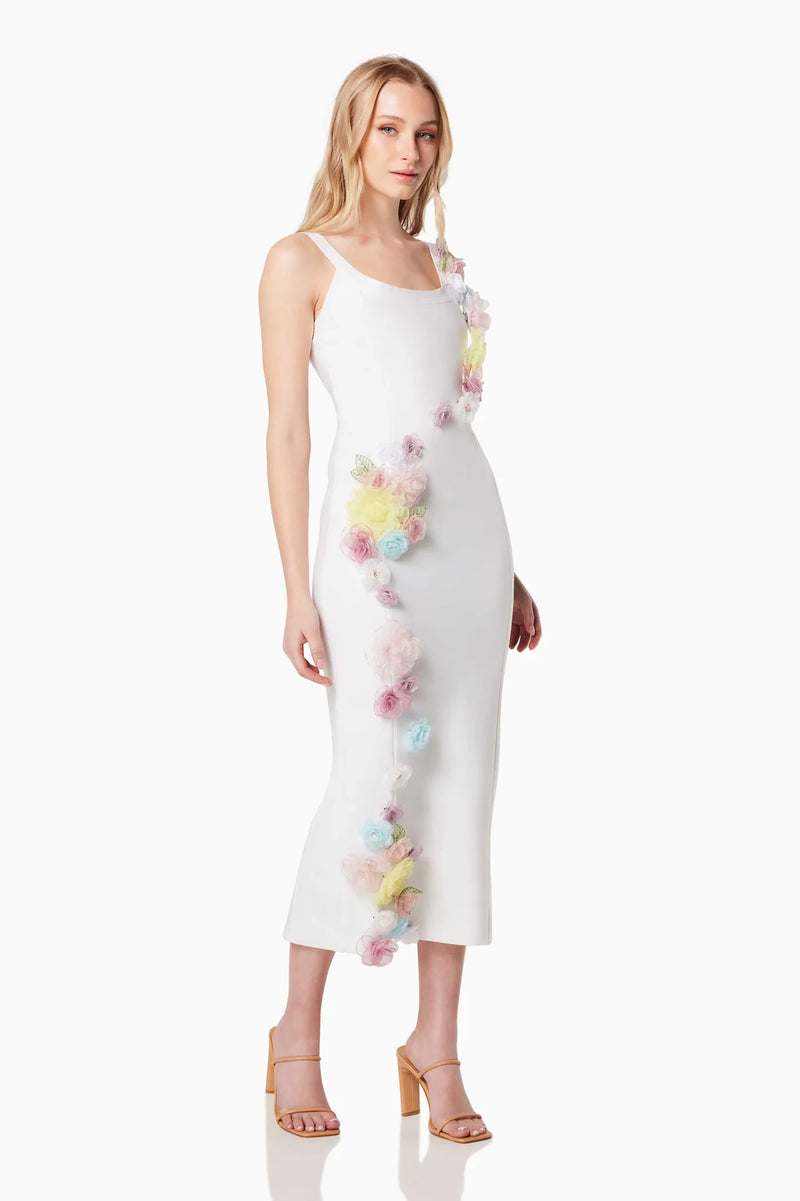 Elliatt Motif 3D Floral Midi Dress in Ivory