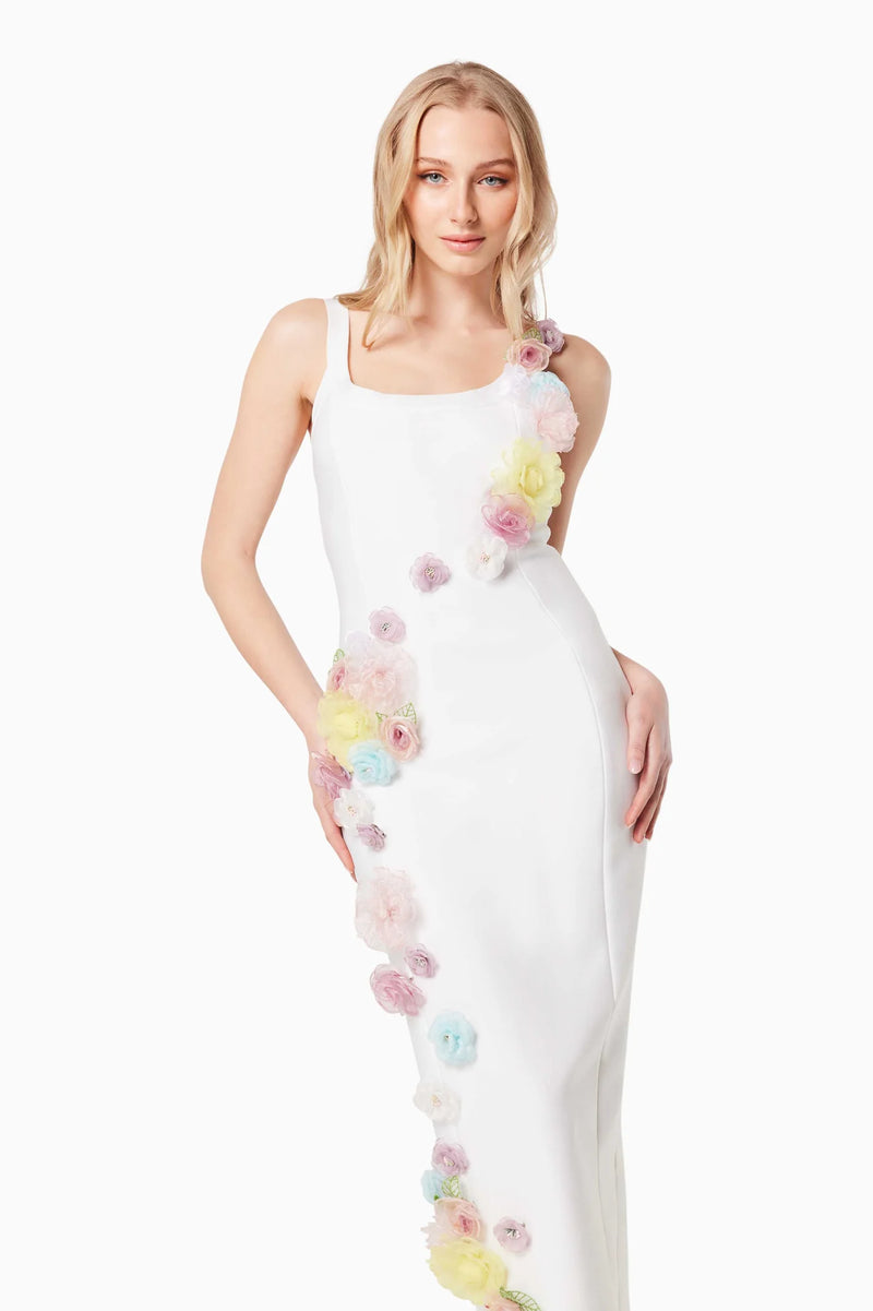 Elliatt Motif 3D Floral Midi Dress in Ivory