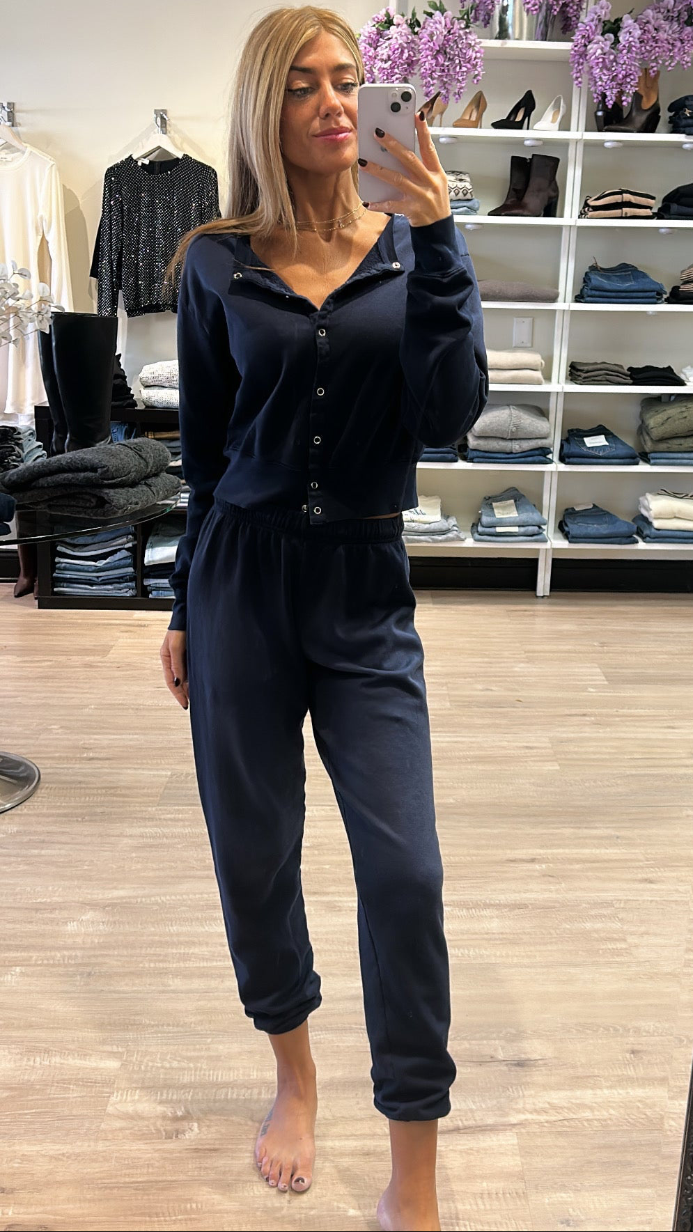 Michael Lauren Novak Snap Sweatshirt in Washed Navy