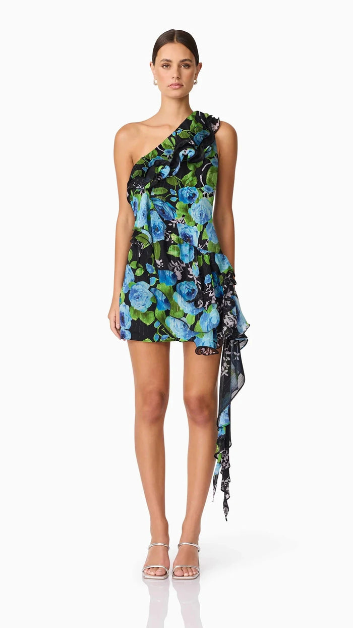Elliatt Briony One Shoulder Mini Dress in Black Floral Multi