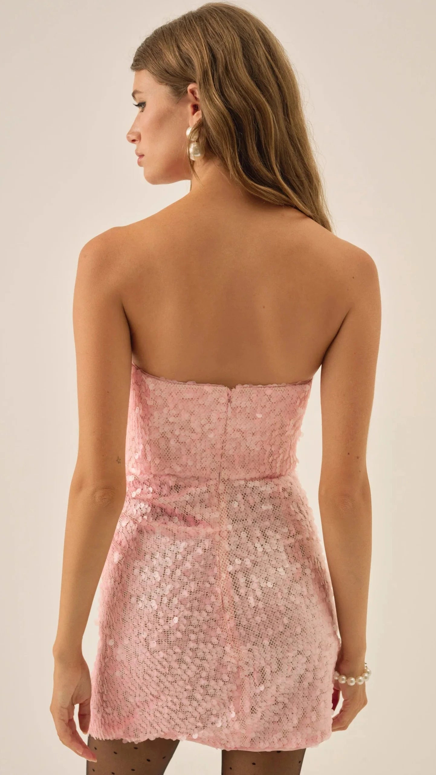 For Love & Lemons Elysian Strapless Sequin Mini Dress in Pink