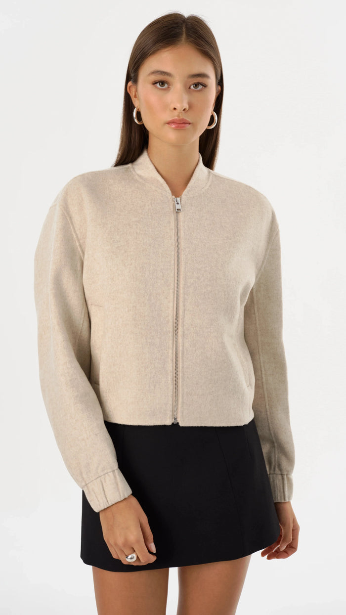 Lamarque Fay Double Faced Wool Bomber Jacket in Heather Beige