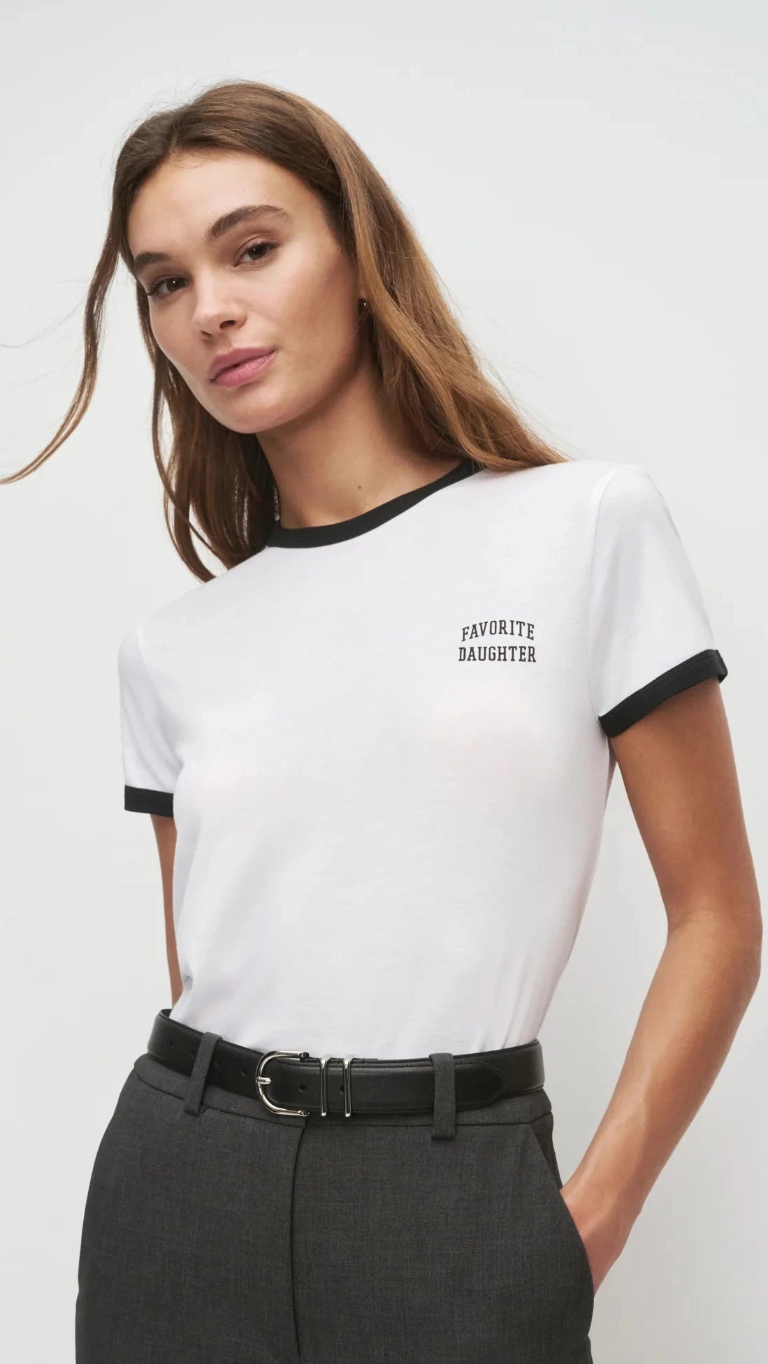 Favorite Daughter The Cropped Favorite Daughter Ringer Tee in White/Black