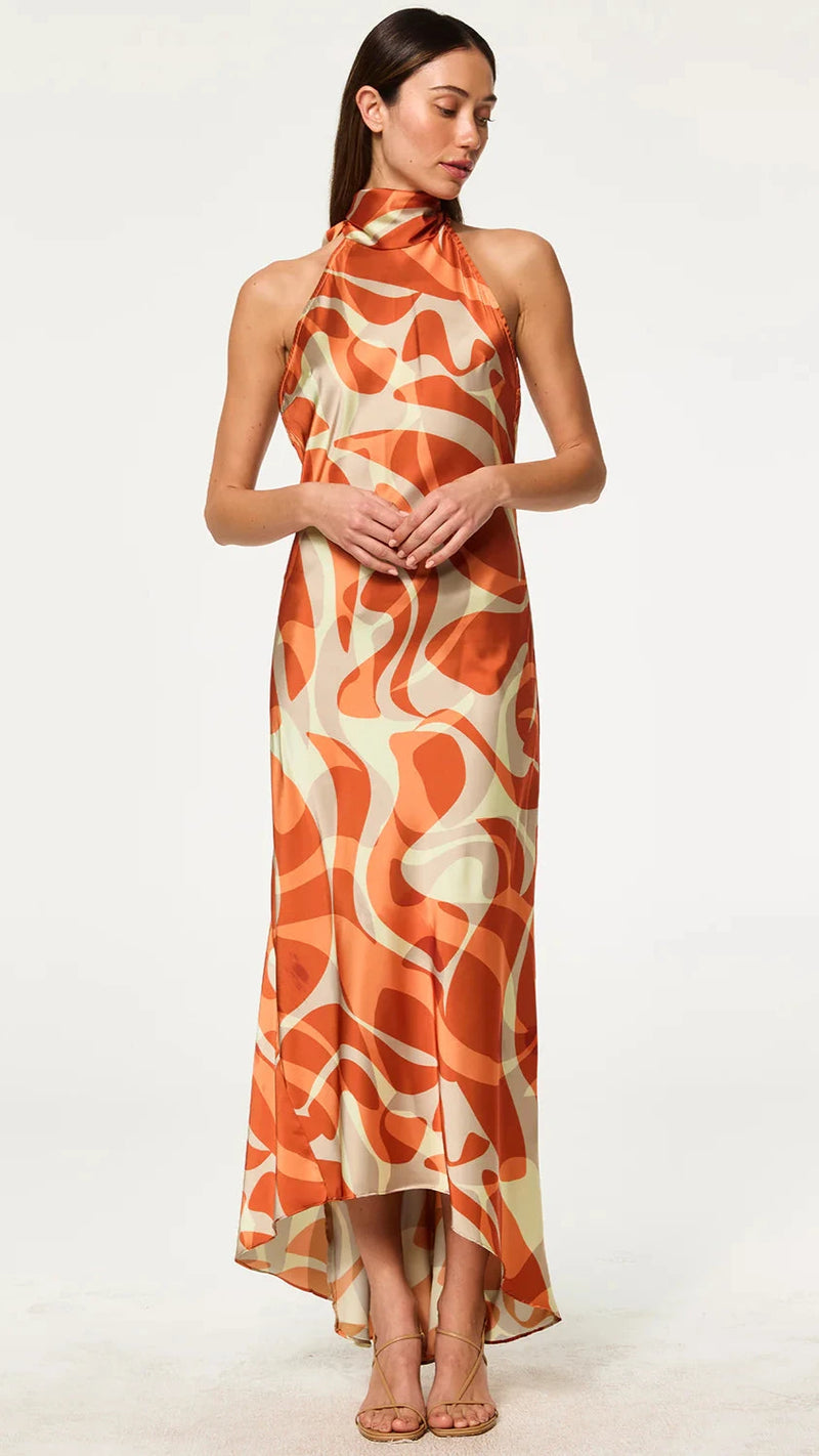 Misa Fiore Halter Maxi Dress in Abstract Summer Shade