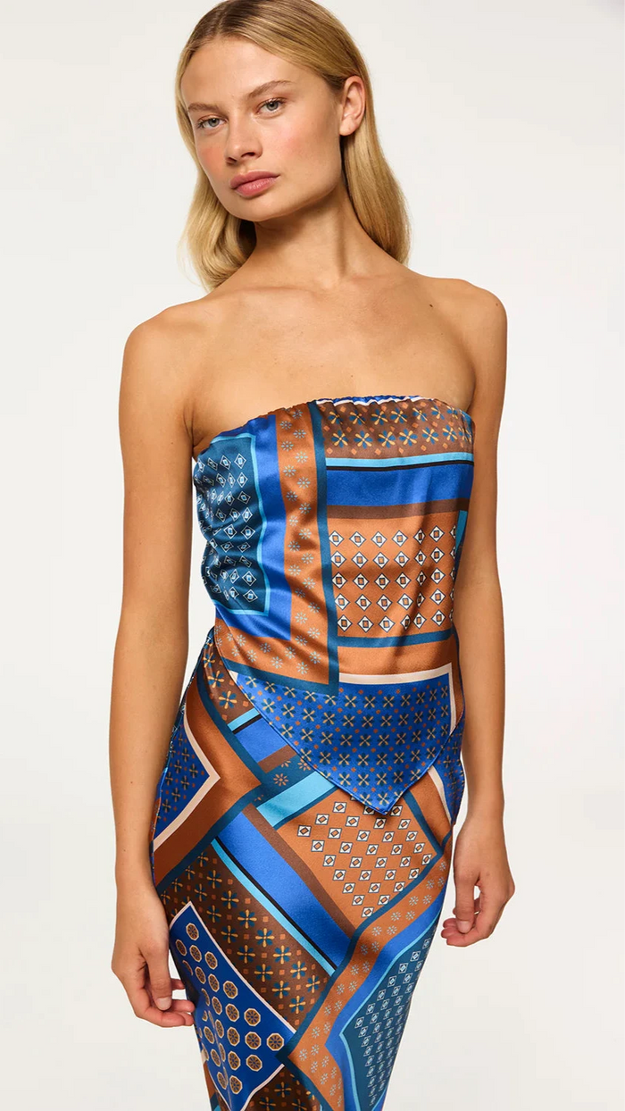 Misa Mae Strapless Scarf Top in Tile Patchwork