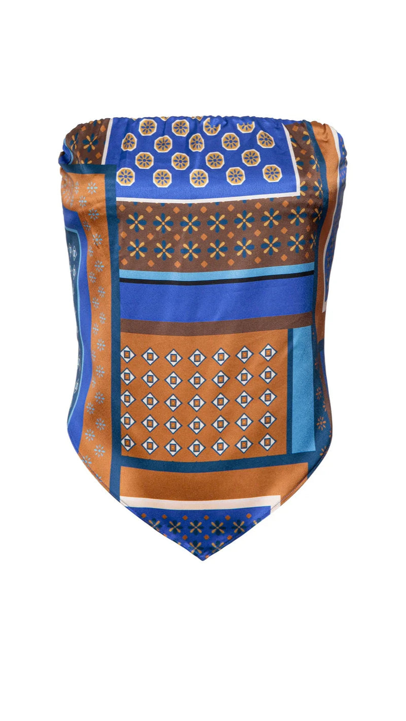 Misa Mae Strapless Scarf Top in Tile Patchwork