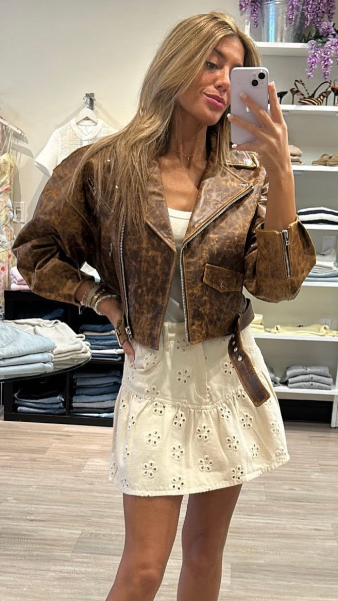 Lamarque Vinnie Leather Cropped Biker Jacket in Brown – Suite 201