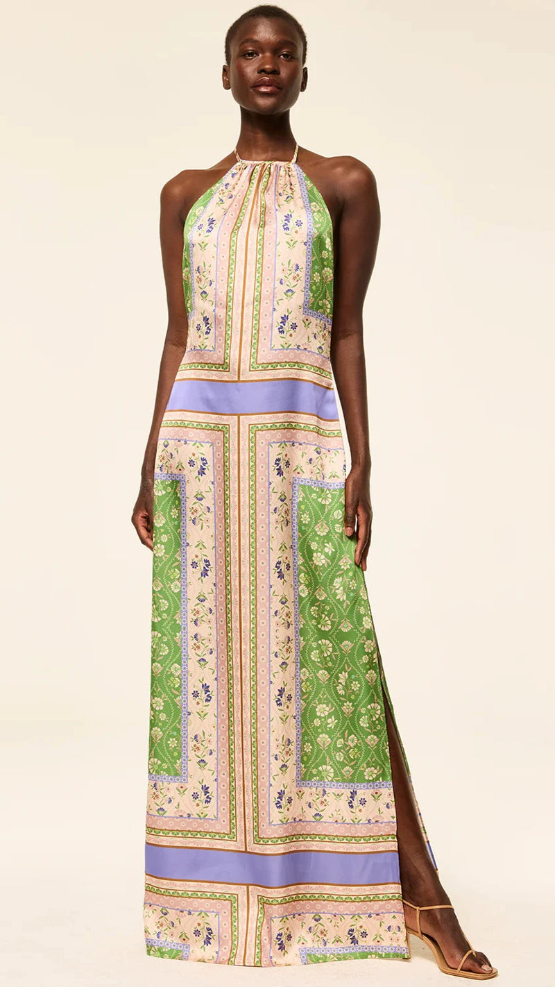 Misa Samantha Silky Halter Maxi in Matcha
