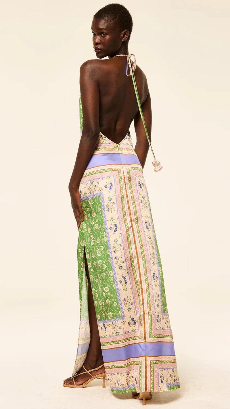 Misa Samantha Silky Halter Maxi in Matcha