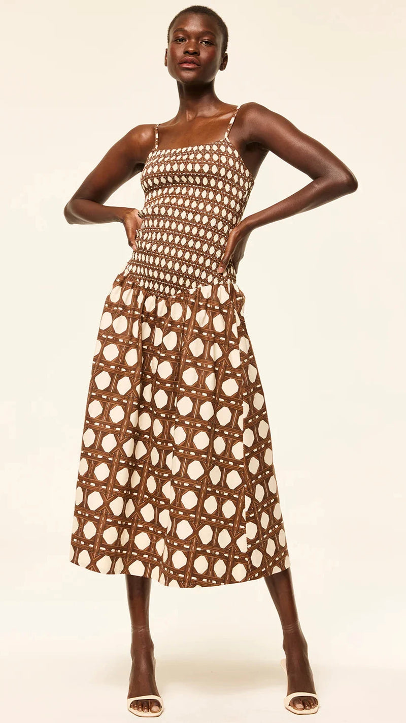 Misa Roxi Smocked Drop Waist Midi Dress in Chocolate Rattan Poplin Mix