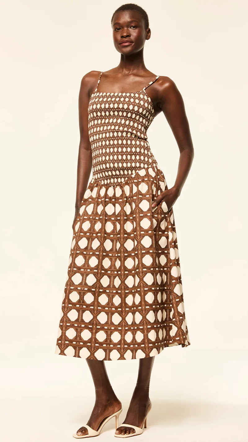 Misa Roxi Smocked Drop Waist Midi Dress in Chocolate Rattan Poplin Mix