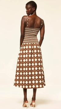 Misa Roxi Smocked Drop Waist Midi Dress in Chocolate Rattan Poplin Mix