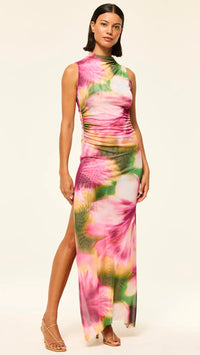 Misa Athena Mesh Mock Midi Dress in Hibiscus