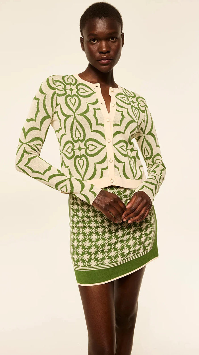 Misa Pansy Knit Cardigan in Green Mosaic Tile Print