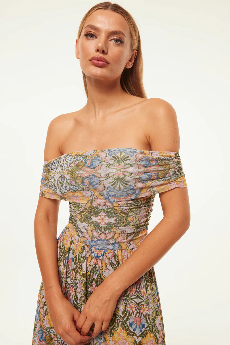 Misa Fiorella Mesh Off the Shoulder Maxi Dress in Dolce Vita Kaleidoscope