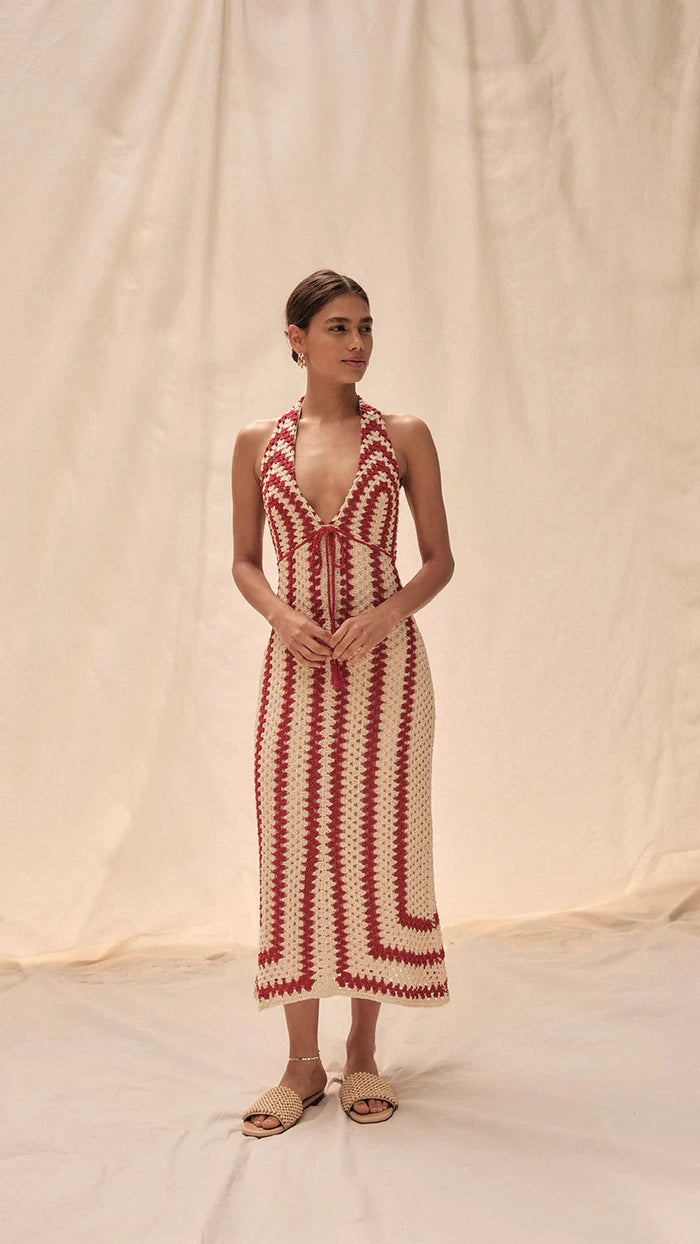 Saylor Georgie Halter Crochet Midi Dress in Cherry/Cream