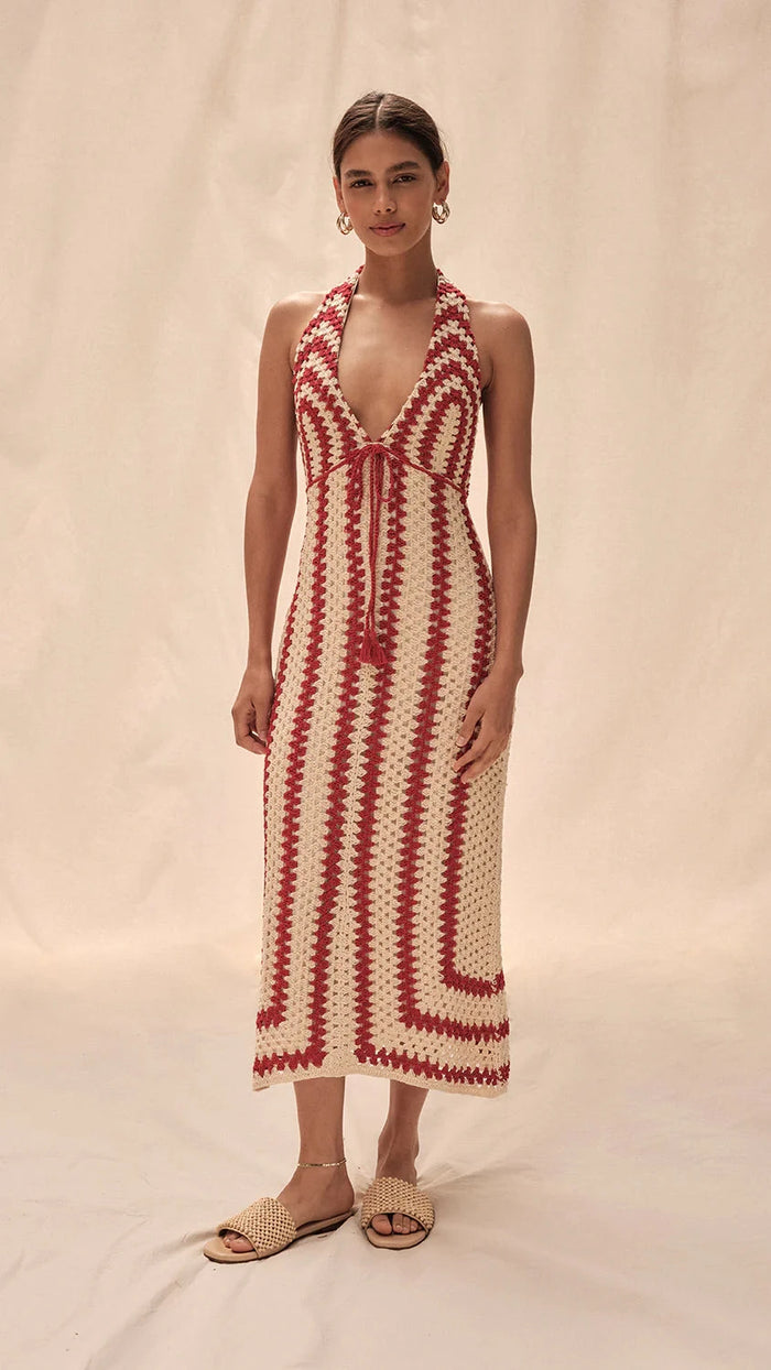 Saylor Georgie Halter Crochet Midi Dress in Cherry/Cream