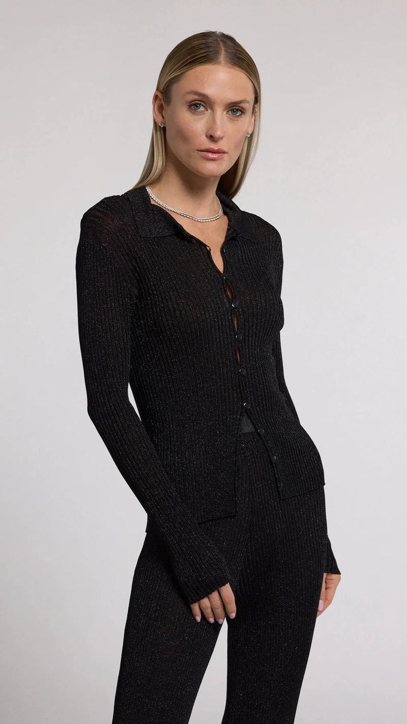 Generation Love Jillian Ribbed Cardigan in Metallic Black