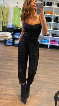 Michael Lauren Fang Rainbow Glitter Velour Crop Bustier Top in Black