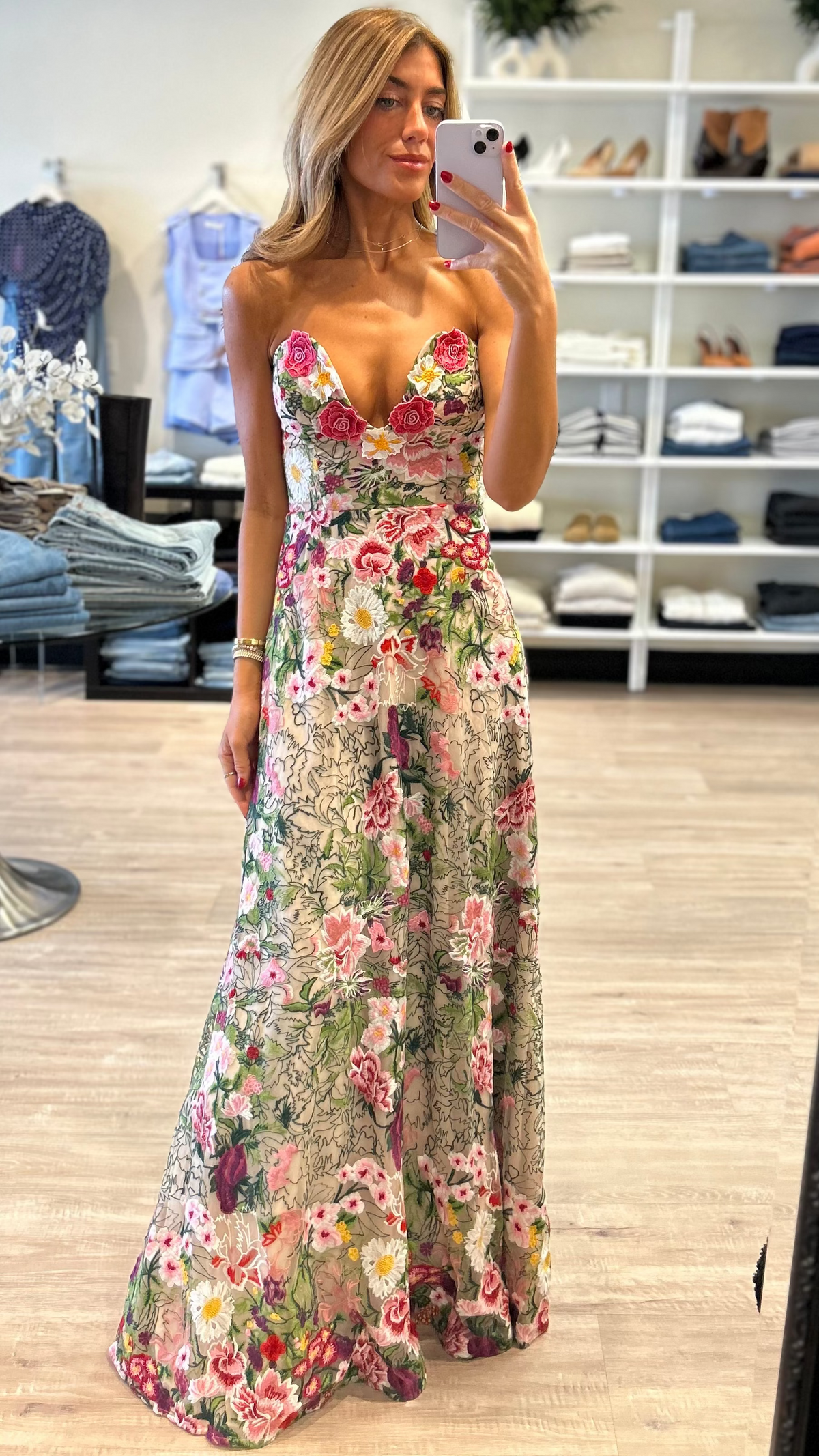 Elliatt Flora 3D Strapless Gown in Pink & Green Floral