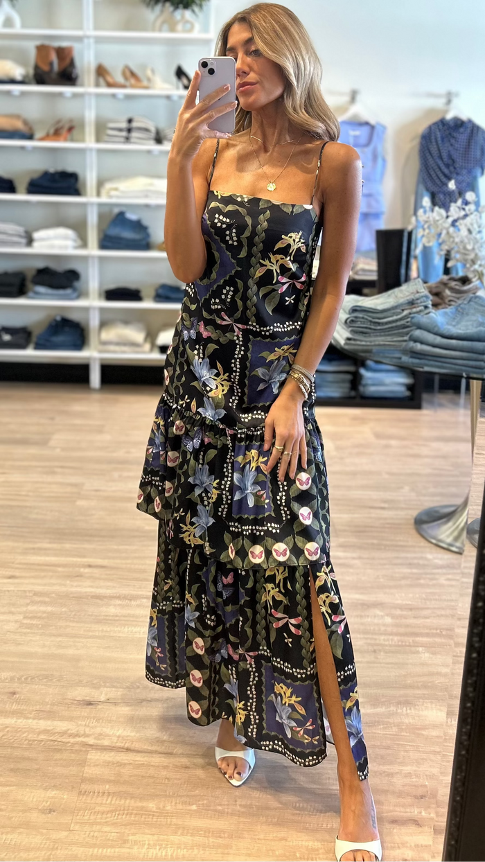 Misa Paulette Tiered Maxi Dress in Patchwork Butterfly