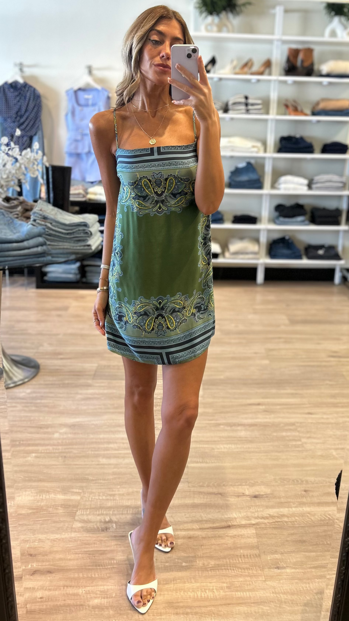 Misa Maxine Shirt Mini Dress in Moss Scarf