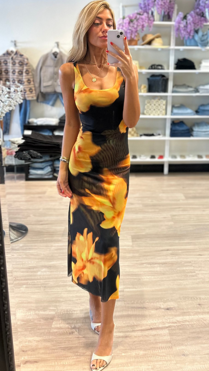Misa Khloe Mesh Midi Dress in Yellow Flora Print