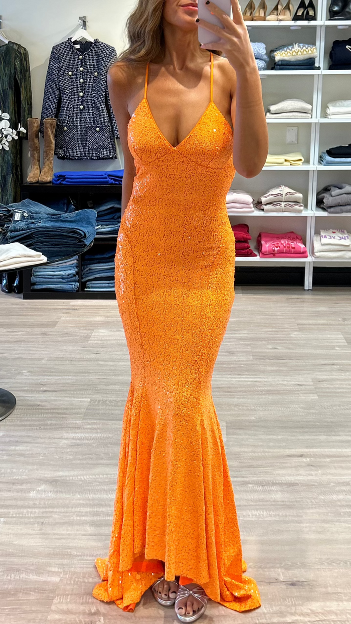 Norma Kamali Sequin Low Back Slip Mermaid Fishtail Gown in Neon Orange