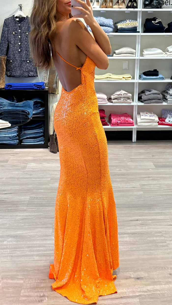 Norma Kamali Sequin Low Back Slip Mermaid Fishtail Gown in Neon Orange