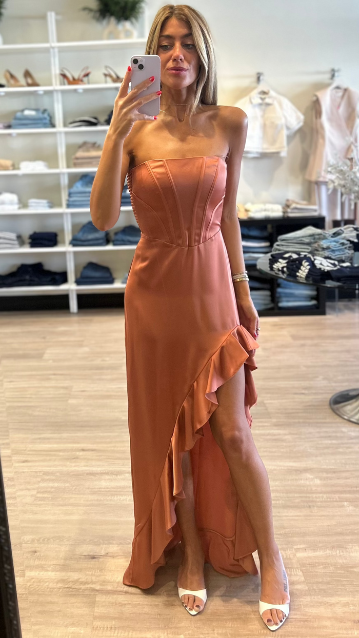 Amanda Uprichard Francesca Strapless Ruffle Gown in Clay