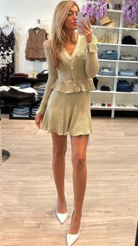Self Portrait Lurex Peplum Knit Mini Dress in Gold