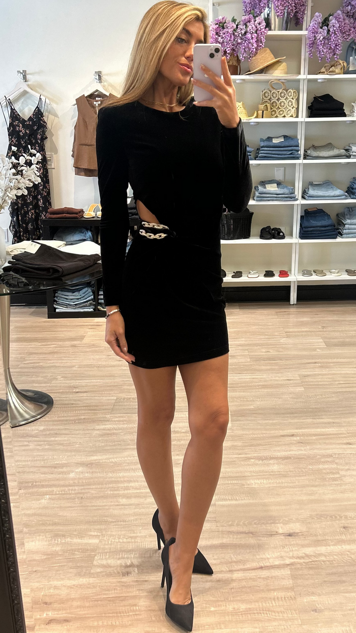 Self Portrait Velvet Embellished Mini Dress in Black