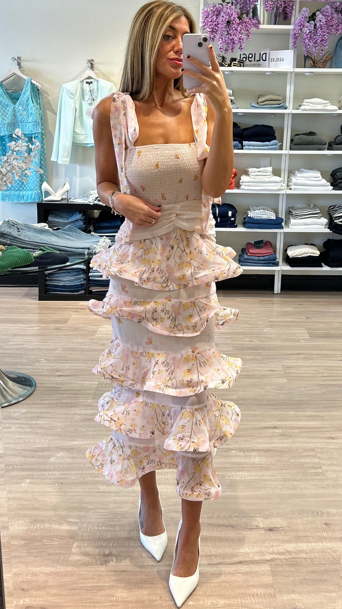 Elliatt Tulsia Ruffle Maxi Dress in Pink Multi