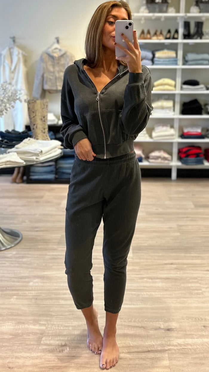 Michael Lauren Bowman Cropped Zip Up Hoodie in Faded Onyx