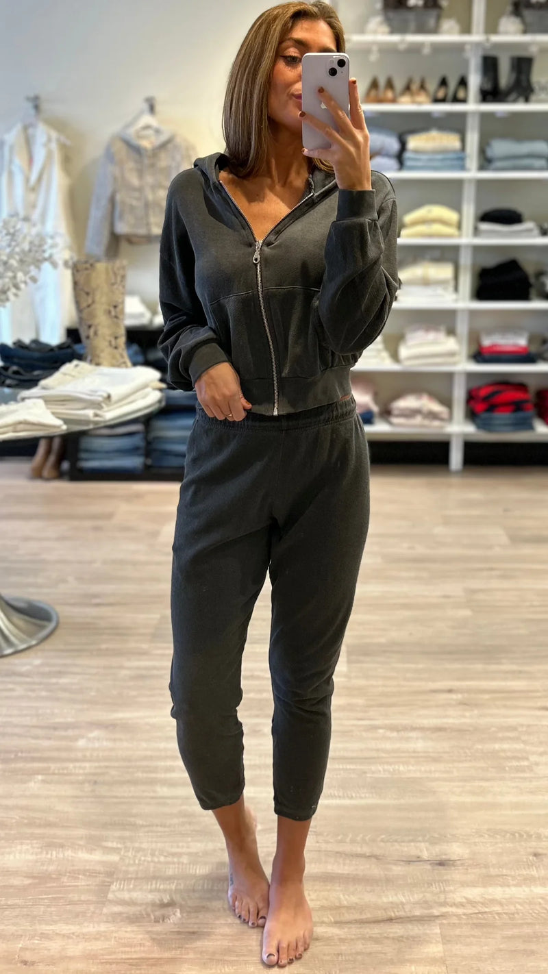 Michael Lauren Bowman Cropped Zip Up Hoodie in Faded Onyx