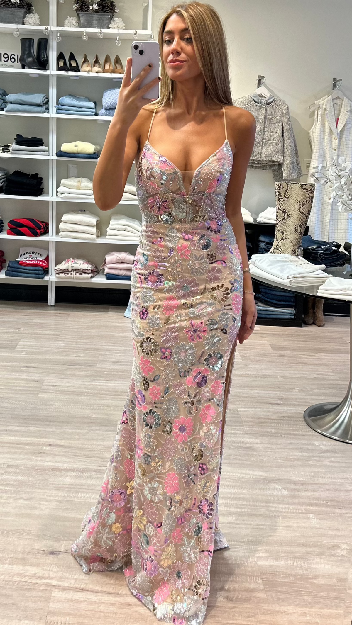 Floral Beaded Gown in Champagne Multi