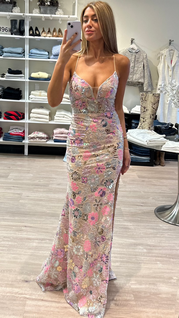 Floral Beaded Gown in Champagne Multi