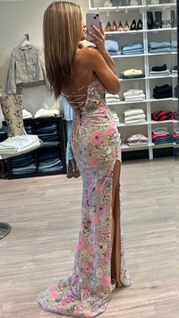Floral Beaded Gown in Champagne Multi