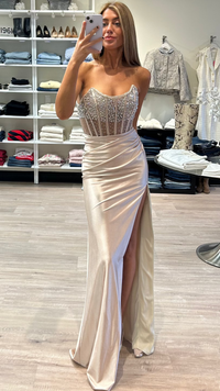 Strapless Beaded Corset Gown in Champagne