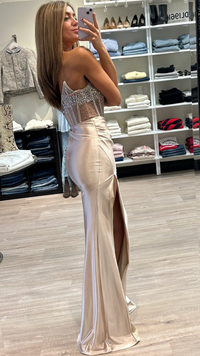 Strapless Beaded Corset Gown in Champagne