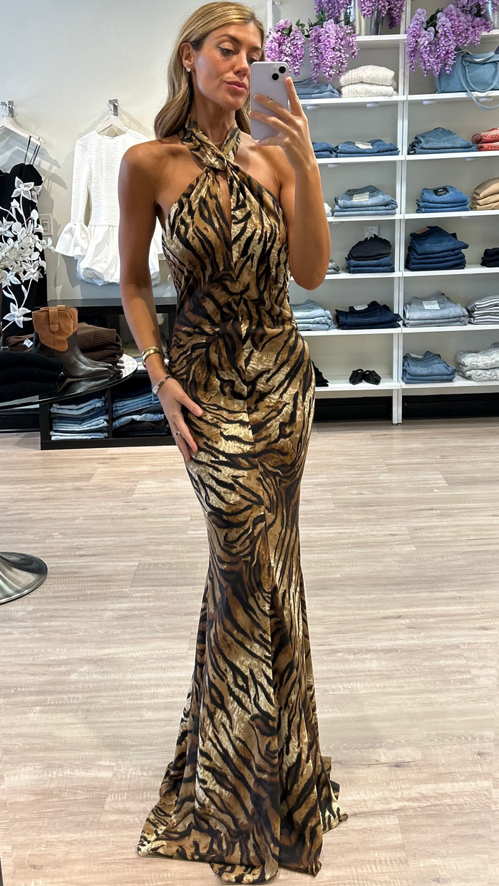 Ronny Kobo Affina Halter Gown in Tigers Eye Print