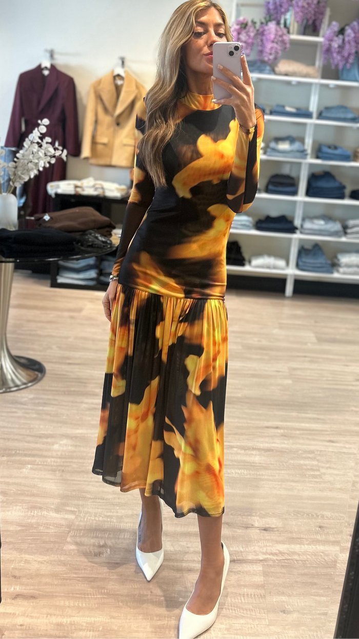 Misa Leylani Drop Waist Mesh Dress in Yellow Flora