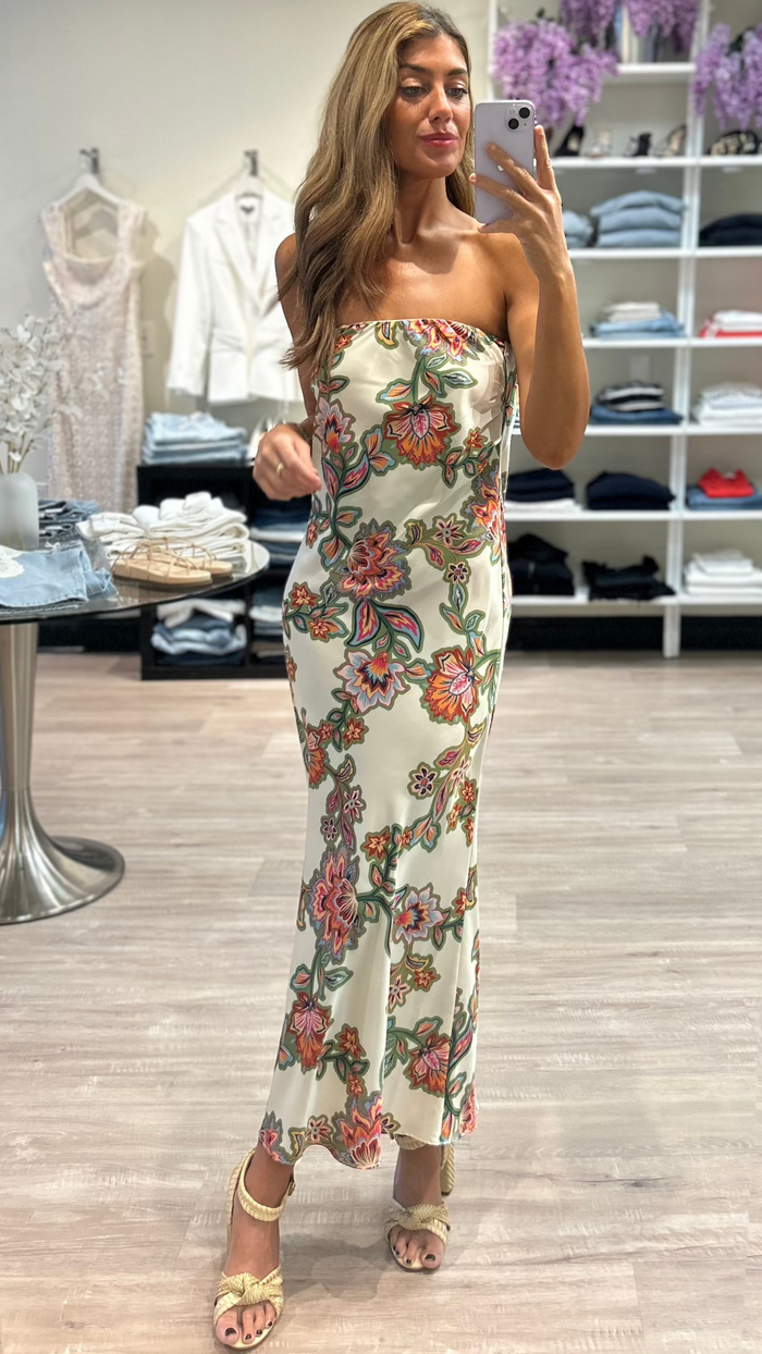 Misa Thara Strapless Slip Midi Dress in Floral Lattice Satin