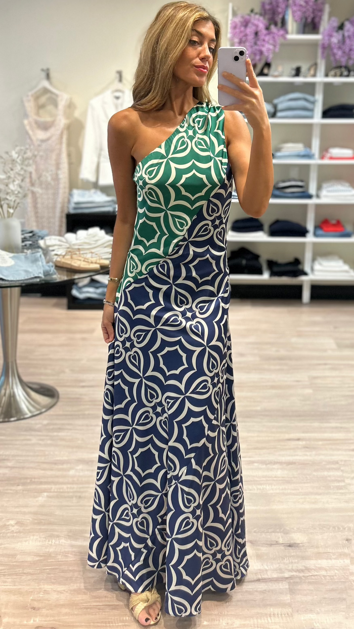 Misa Magdalene One Shoulder Maxi in Mosaic Tile Mix Satin