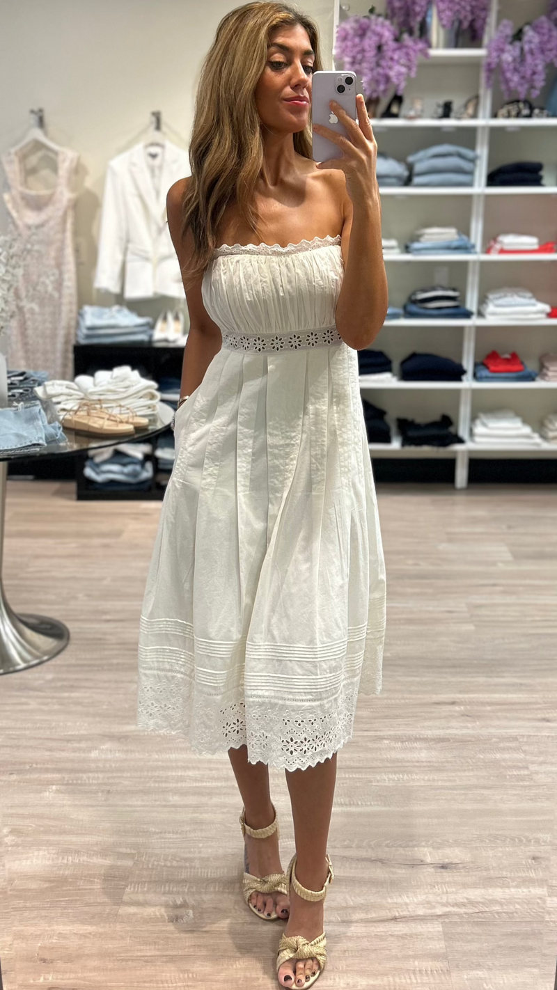 Misa Persis Strapless Eyelet Cotton Midi Dress in Cream