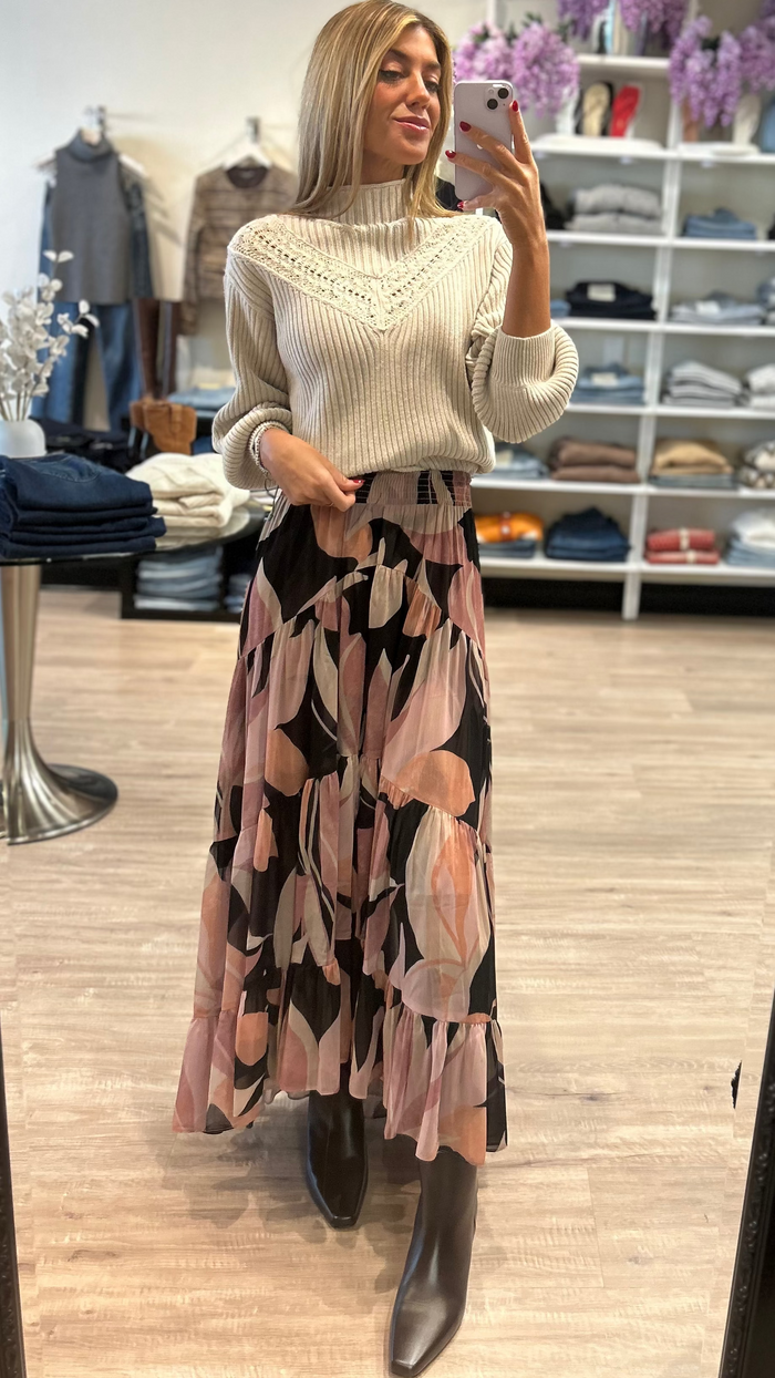 Misa Marie Maxi Skirt in Moody Abstract Chiffon Flora