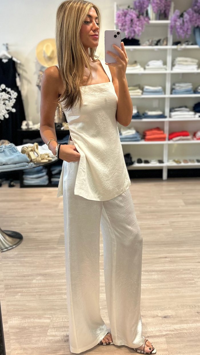 Amanda Uprichard Mariko Side Slit Textured Satin Top in Ivory