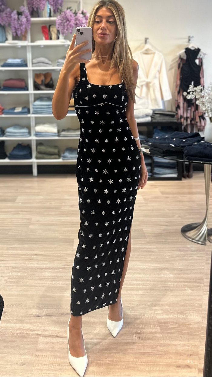 Saylor Emrys Velvet Beaded Midi Dress in Black